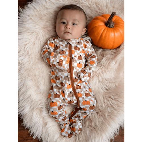 2-Way Zip Footie, Pumpkin Checkerboard