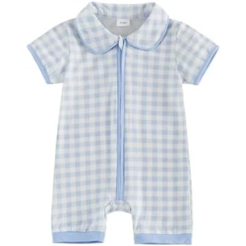 BULINGNA Newborn Summer Clothes Baby Boy Girl Coming Home Outfit Short Sleeve Plaid Short Jumpsuit Zip Up Romper