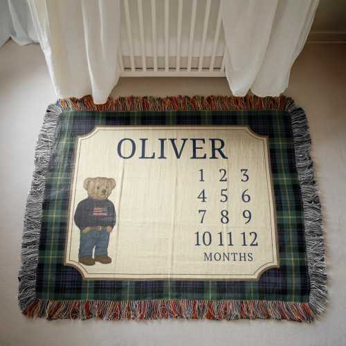 Personalized Baby Boy Milestone Blanket Polo Teddy Bear Customized Name Blanket Growth Chart Month Tracker Newborn Gift for New Mom