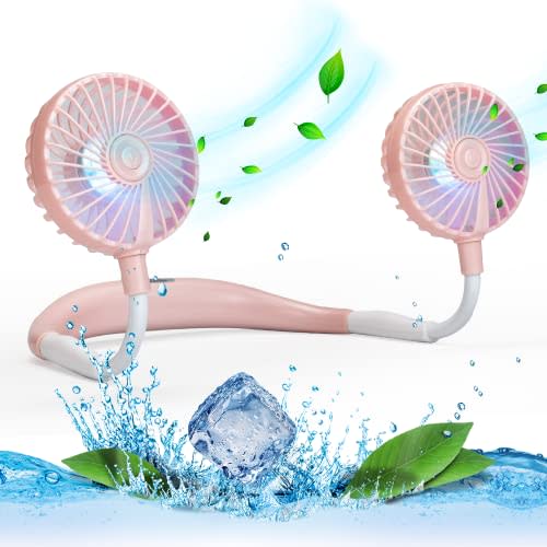 VAGAU Portable Neck Fan with Colorful LED Lights, 360 Rotation, Wearable Air Conditioner for Office Travel Sport, 3 Adjustable Speeds (Pink)