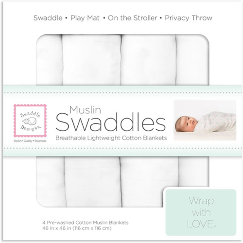 SwaddleDesigns Cotton Muslin Swaddle Blankets, Set of 4, Receiving Blankets for Baby Boys & Girls, Best Shower Gift, 46x46 inches, Pure White