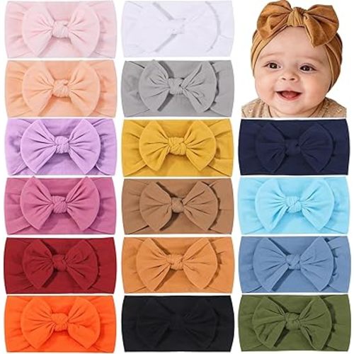 16PCS Baby Nylon Headbands Hairbands Hair Bow Elastics for Baby Girls Newborn Infant Toddlers Kids Colorful
