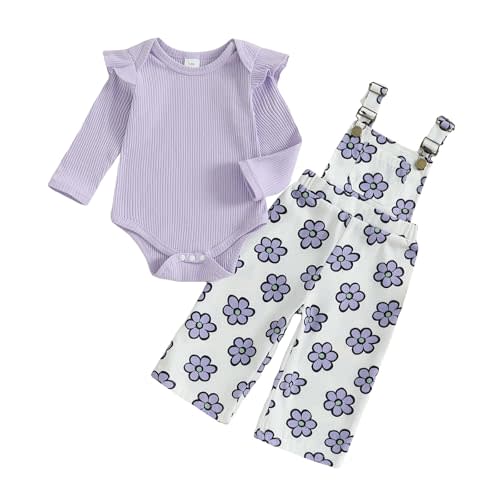Lucikamy Newborn Baby Girl Fall Outfits Ribbed Long Sleeve Rompers Suspender Overalls Pants Sets Infant 2Pcs Clothes