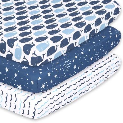 The Peanutshell Mini Crib Sheet Set - 3 Pack - Multiuse for Pack & Play, Playard, Playpen, Mini Crib - Nautical Whale