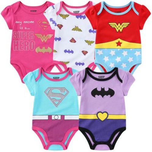 Warner Bros Girl's 5-Pack Justice League Roleplay Baby Bodysuit Creeper Set - Wonder Woman, Batgirl, Supergirl