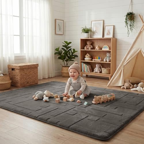 Baby Play Mat for Floor, 1.3" Thick 59x79 Plush Soft Foam Mats for Toddler Kids Crawling, Non-Slip Easy Care Nursery Rug for Playroom Living Room (Dark Grey)