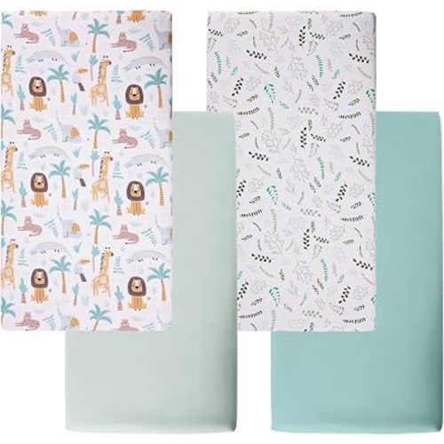 Baby Bassinet Sheets Boy Girl,4-Pack 33x20 Fitted for Newton,Airclub,Baby Delight,Maxi Cosi,Dream On Me,Mika Micky,Angelbliss,Harppa,Amke,Ezebaby Bedside Rectangle Mattress,Animal,Leaf,Green