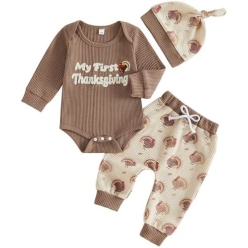 Newborn Baby Clothes Football Outfits Embroidered Waffle Long Sleeve Romper Pants Hat Fall Winter 3 Piece Set