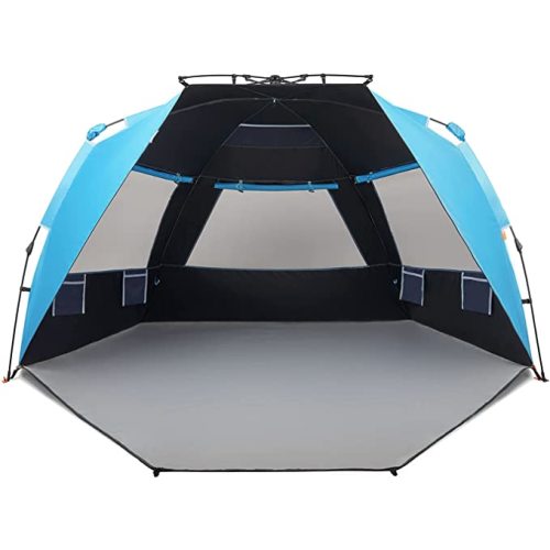 Easthills Outdoors Instant Shader Dark Shelter XL Beach Tent 99" Wide for 4-6 Person Sun Shelter UPF 50+ with Extended Zippered Porch Pacific Blue