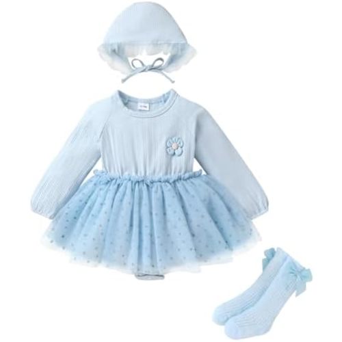 YOUNGER TREE Newborn Baby Girl Romper Dress Outfits Long Sleeve Floral Tutu Bodysuit with Leggings Hat Infant Fall Clothes 0-3 months