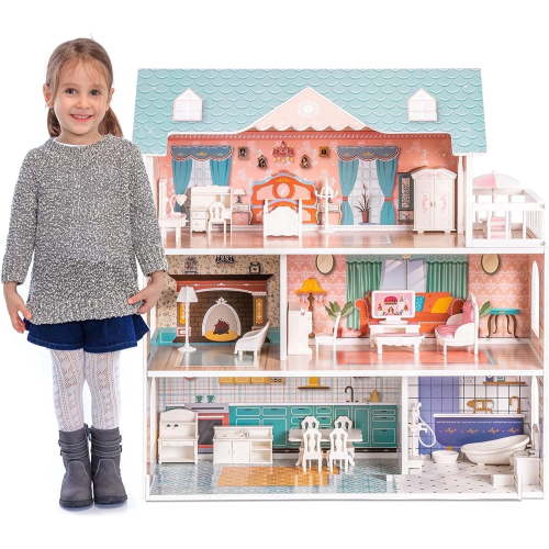 Robud Lady Wooden Dollhouse,3 Story with Balcony,28 Accessories Toy Gift for 3+ Years Kid Girls