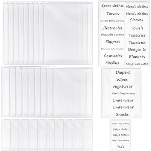 Honoson 30 Pcs Hospital Bags for Labor and Delivery with Stickers Resealable Hospital Essentials Organizing Pouches Frosted Zipper Plastic Mommy Maternity Bag for Newborn First Time Baby Shower