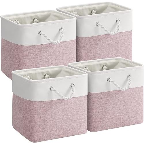 12 x 12 Inch Cube Storage Bins, 4 Pack Fabric Storage Basket with Handles, Foldable Boxes Organizer for Shelf Baskets for Home, Clothes (White/Pink)