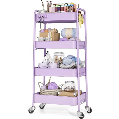 TOOLF 4-Tier Rolling Cart - Metal Storage Organizer with Lockable Wheels, 44 lbs Per Shelf Capacity, Tool-Free Assembly, for Kitchen Bathroom Office Laundry Room Nursery, Pink