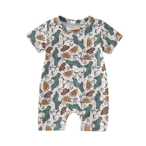 Weebloom Baby Loungewear,Toddler Western Boot Print Short Sleeve Cactus Sun Print Jumpsuits Outwear Pjs Baby Boy Rompers,6-12 Months