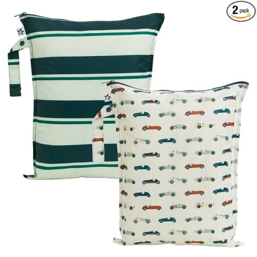 Tiny Twinkle Mess Proof Wet Bags | 2-Pack Reusable Waterproof Wet Bags for Swimsuits | Baby Clothes | Travel & Diaper Bag (Rugby Stripes,Vintage Cars)