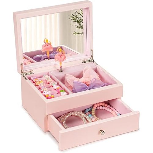 Miratino Music Jewelry Box Gifts for Girls, Wooden Kids Jewelry Boxes & Organizers with Spinning Dancer, Musical Jewelry Storage Gift for Little Girl Toddler Christmas Birthday New Year (Pink)