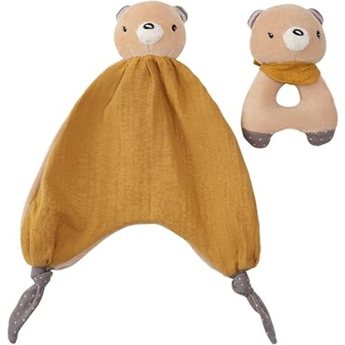 Organic Cotton Stuffed Animal Rattle Baby Toys, Plush Bear Cuddle Cloth and Hand Grip Ring Rattles Plush Toy Set for Newborns Infant Boys Girls, 2 PCS