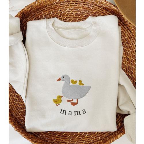 Mama Embroidered Sweatshirt, Cute Mama Goose Embroidery, Mama Crewneck, Mama and Kids Shirt, Mama and Babies Sweater, Mama and Chicks Crew