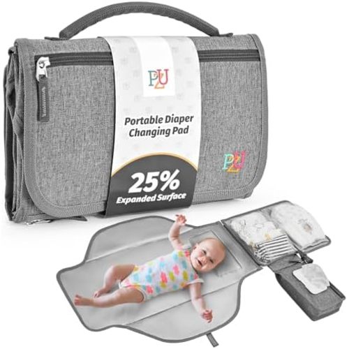 PZU Portable Diaper Changing Pad - Changing Pad Portable with Wipes Pocket, Waterproof Diaper Changing Mat, Portable Changing Pad for Baby, Newborn Gift（Grey）