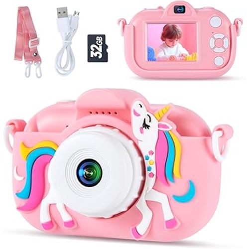 Kids Camera Toys for 3-8 Year Old Girls and Boys, Children Digital Camera with Cute Soft Silicone Case, 1080P Video Camcorder Present with 32GB SD Card – Birthday Gift for Kids