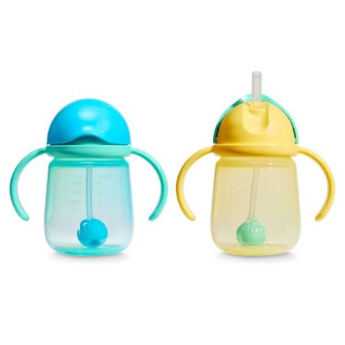 Munchkin 7oz Plastic Any Angle Spill-Proof Weighted Straw Trainer Cups with Handles 2pk - Blue/Yellow