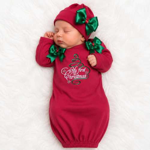 My First Christmas Red Embroidered Layette Gown & Hat Option 0-3 or 3-6m Take Me Home