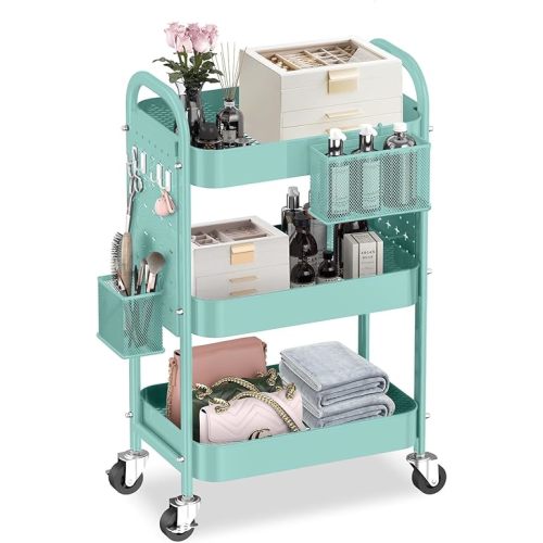 ALVOROG 3 Tier Rolling Cart with DIY Pegboards Metal Utility Cart with Wheels Handles Baskets Hooks, Craft Cart for Office Kitchen Bathroom(Tiffany Blue)