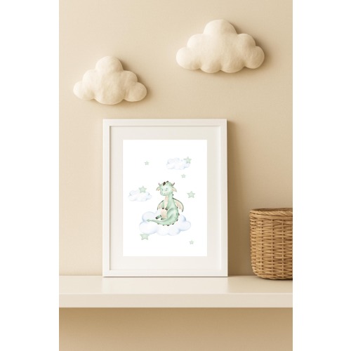 Nursery Print | Dragon and cloud print | Fairytale baby dragon | Green Wall Art | Nursery Wall Art