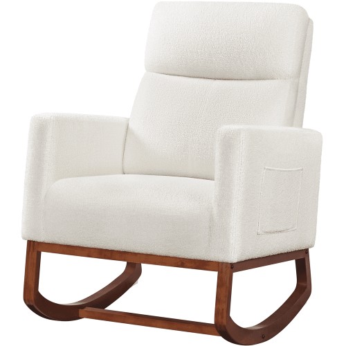 Alden Design Boucle Upholstered Rocking Chair with Side Pockets for Living Room, Ivory