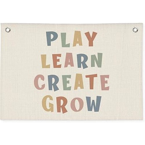 Playroom Wall Decor, Play Learn Create Grow Boho Canvas Banner Wall Hanging Flag Decor for Nursery Classroom Kids Room