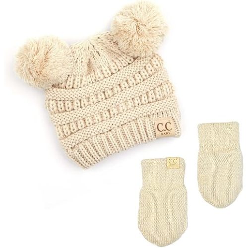 Funky Junque Baby Pom Beanie & Fleece Mittens Set - Warm Winter Essentials - Spring Colors, Classic Neutrals, Pattern Styles