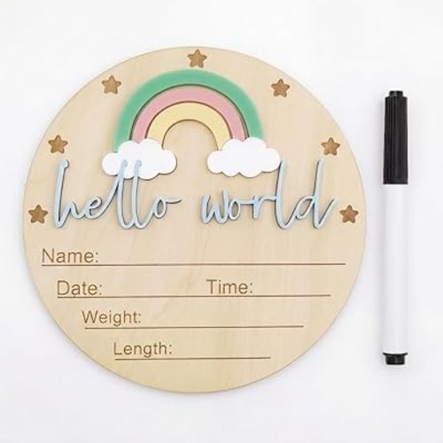 Baby Announcement Sign with Pen, 5.9 Inch Wooden Hello World Newborn Sign