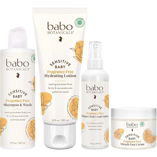 Babo Botanicals Baby Care Essentials Gift Set - Skincare, Bath & Diaper - For Delicate Skin, Fragrance-Free, Natural & Plant Based - 5 Items Set