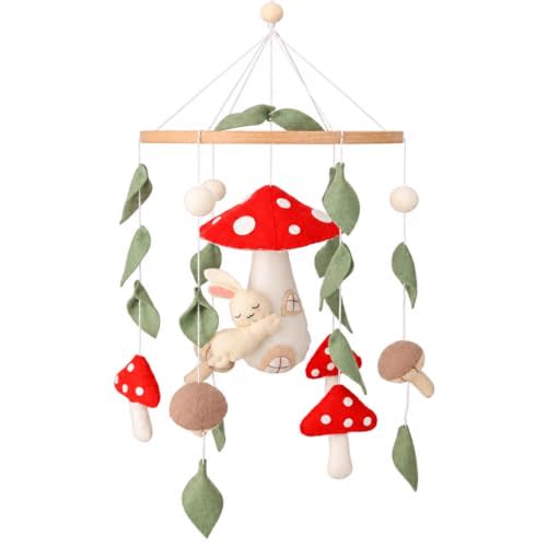 Bunny & Mushroom Crib Mobile for Bassinet Nursery Decor for Girls | Handmade Felt Bunny & Mushroom Baby Mobile for Bassinet, Enchanted Forest Nursery Decor, Newborn Baby Registry Shower Gift