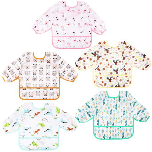 Lictin Long Sleeve Baby Bibs, 5 Pcs Waterproof Bibs for Eating, 0-24 Months, Easy to Clean