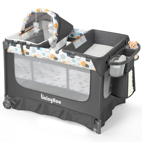 5-in-1 Pack and Play, Portable Playpen with Mat, Pack and Play with Bassinet, Foldable Baby Playpen, Changing Table, Easy Setup, Breathable Mesh Sides and Soft Fabric (Gray + Polka Dots)