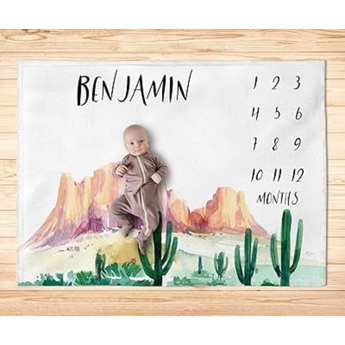 Boy Mountains Milestone Blanket, Desert Cactus Milestone Blanket, Mountains Monthly Baby Milestone Blanket, Mountains Nursery, Name Blanket HHQ63_BLKBB016_1