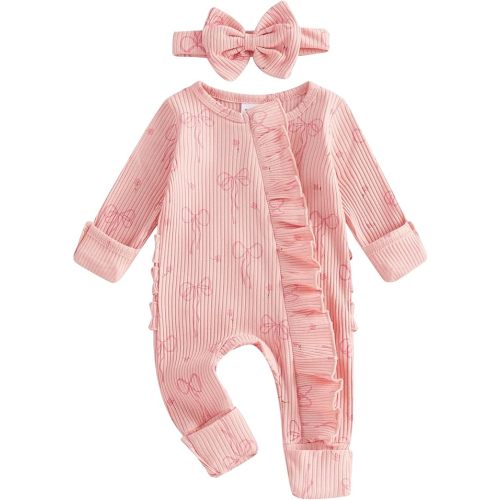 allshope Newborn Baby Girl Fall Outfit Bow Print Long Sleeve Full Length Zipper Front Ribbed Jumpsuit Infant Clothes