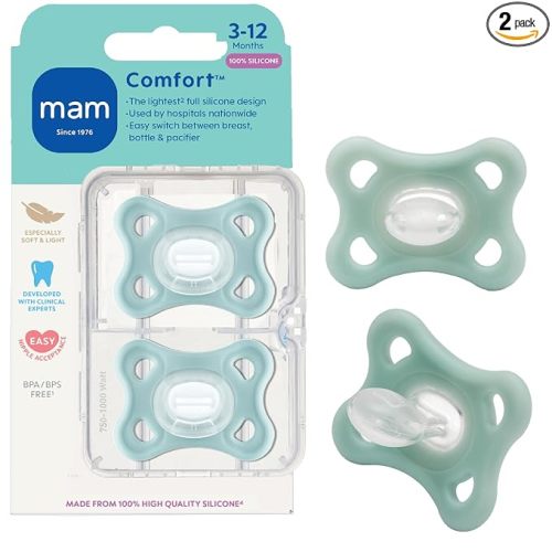 MAM Comfort Baby Pacifier 3-12 Mths Lightweight One-Piece Silicone 2 Pack | One Piece Silicon With Color Free Nipple, BPA-Free, Easy To Clean, Best For Breastfed Babies, Sterilizer Case, Made In Europe