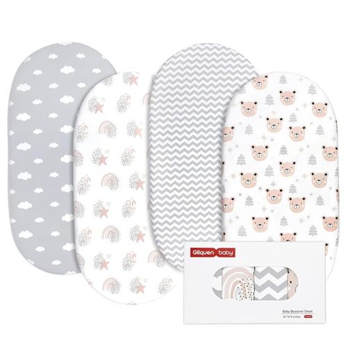 Gllquen Baby Bassinet Sheets 4 Pack, Breathable Cozy Fitted Mattress Sheet, Elastic Travel Crib Fashionable Pattern, Standard Cradle Safe Sheets for Baby Boys Girls 32"x16"(Rainbow)