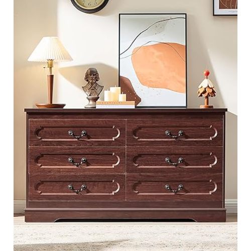 6 Drawer Dresser for Bedroom Cherry Bedroom Dresser 47.2" Wide Wood Cabinet