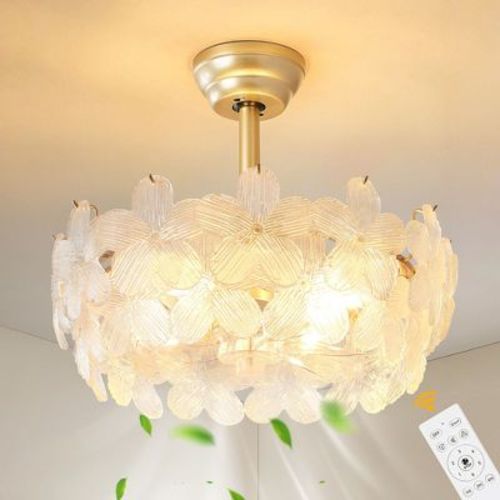 KAISITE 19.3" Modern Caged Ceiling Fan with Light, Remote Control, Crystal Petal Shades – Flush Mount for Bedroom, Living Room