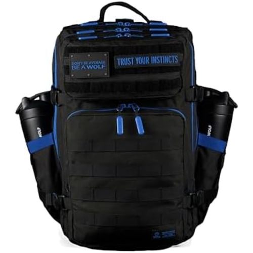 WOLFpak 45L Athletic Gym Backpack (Blue Wolf) Durable 1000D Waterproof Oxford Material w/MOLLE Webbing, Laptop Pocket & Dual Cup Holders, Durable Everyday Gym Backpack