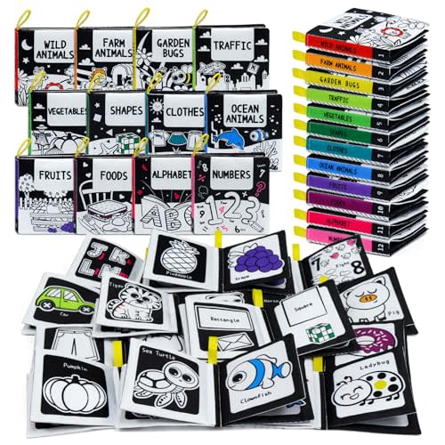 OKOOKO 12 Pack Soft Baby Book, Bath Toy, High Contrast Baby Books | Washable, Nontoxic, Educational Learning Toy, Baby Crinkle Books, Black and White Baby Toys, Soft Books for Babies, Bath Book