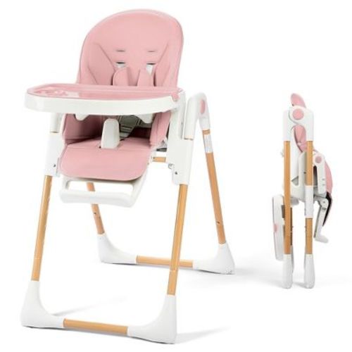 Kinder King Foldable High Chair for Baby, Toddler Feeding Chair with Detachable Double Trays, Pink
