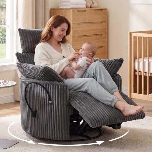 Corduroy Manual Nursery Rocking Recliner with Adjustable Headrest, Grey | 4" Height and 55° Angle Adjustable Headrest, 360° Silent Swivel, 30° Rocking, Gentle Glider, Phone Holder, 2 Pillows, 400LBS