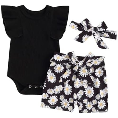 Newborn Infant Baby Girl Summer Clothes Rib Frill Short Sleeve Romper Elastic Waist Shorts Headband 3Pcs Outfits Set