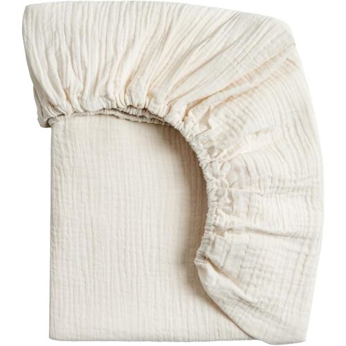 Meracorallo Muslin Mini Crib Sheet, Pack n Play Fitted Sheet, Soft and Breathable Pack and Play Playard Mattress Sheet for Baby Boys and Girls, Cream