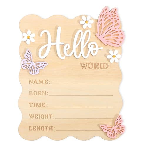 Butterfly Daisy Hello Worid Board - Little Butterfly Birth Announcement Sign, Wooden Hello World Card for Hospitals, Newborn Birth Information Record Board, Daisy Nursery Decorations Photo Props